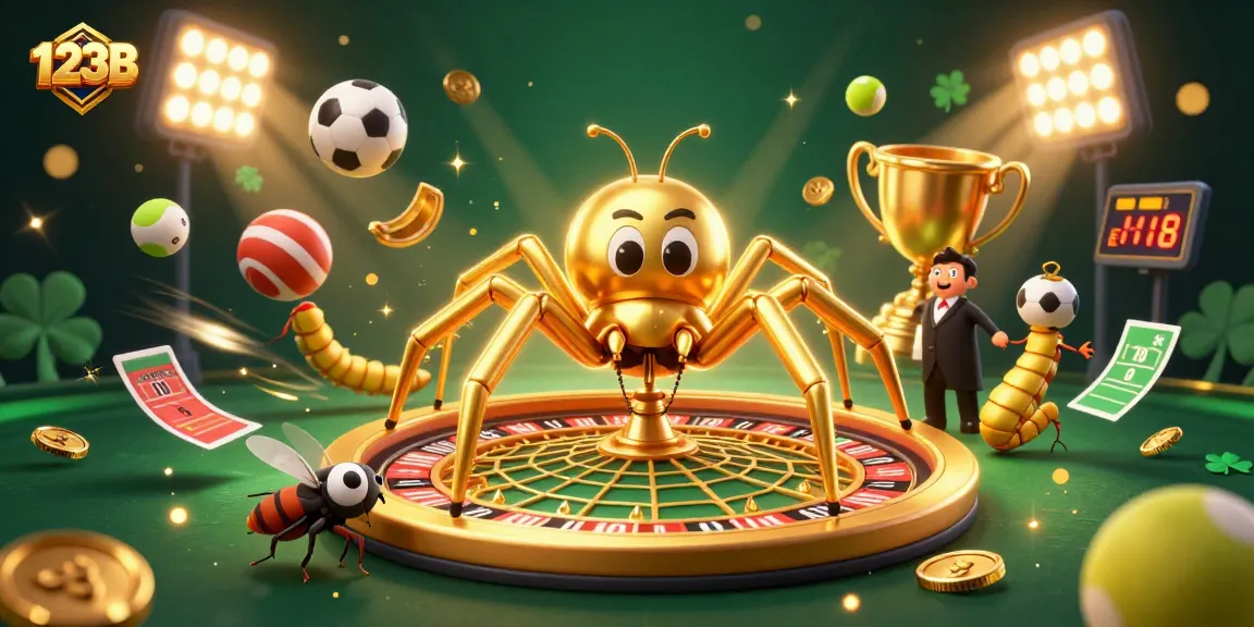 Experience thrilling bets at 123B with vibrant sports and casino elements in a dynamic, eye-catching scene.