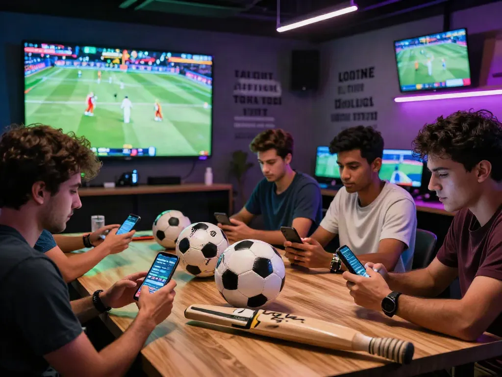 Exciting sports betting on lotus365 with players engaging in cricket, football, and tennis activities, showcasing vibrant live odds and a lively gaming atmosphere.