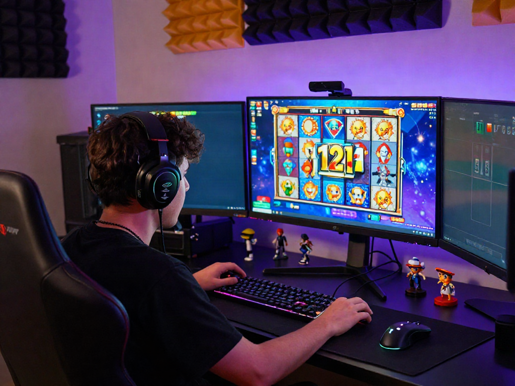 Gamer enjoying slot121 on a vibrant gaming setup with dynamic visuals and RGB lighting