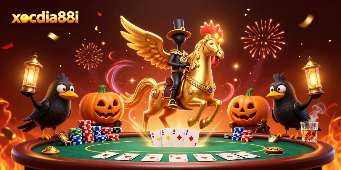 Xocdia88i's golden rooster headless horseman in a lively casino, showcasing winning poker hands and vibrant decorations.