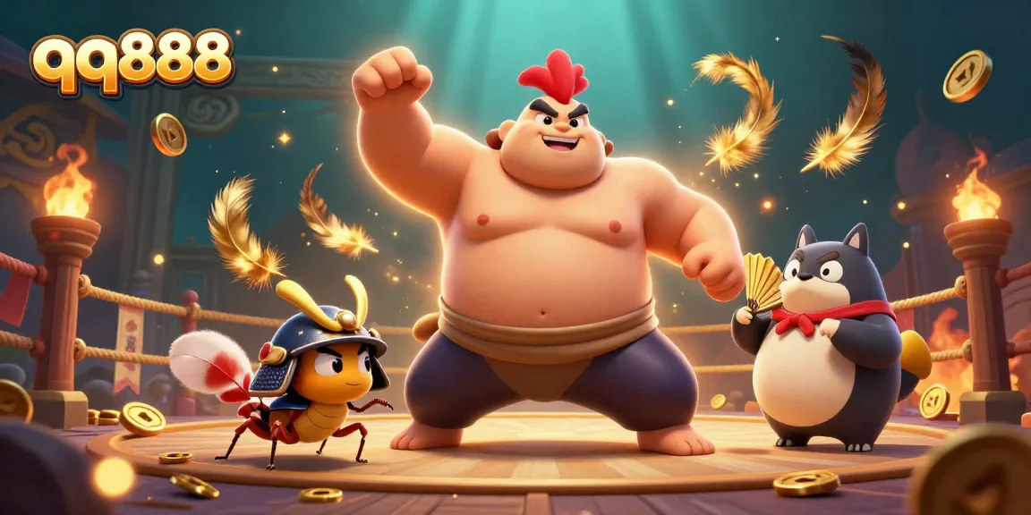 Engaging the exciting world of qq888 with a vibrant sumo wrestler rooster and samurai cricket in a dynamic casino scene.
