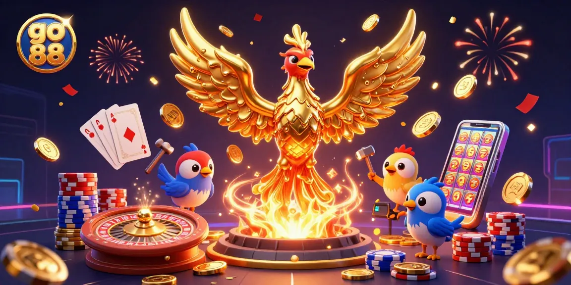 Experience the excitement at go 88 with a golden phoenix and casino elements celebrating wins.