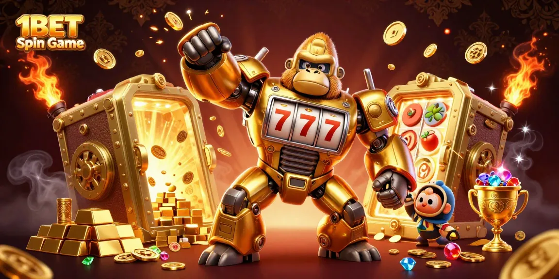 Experience the thrill of the 1BET Spin Game with a dynamic 3D illustration of a golden gorilla mech and thrilling casino elements.