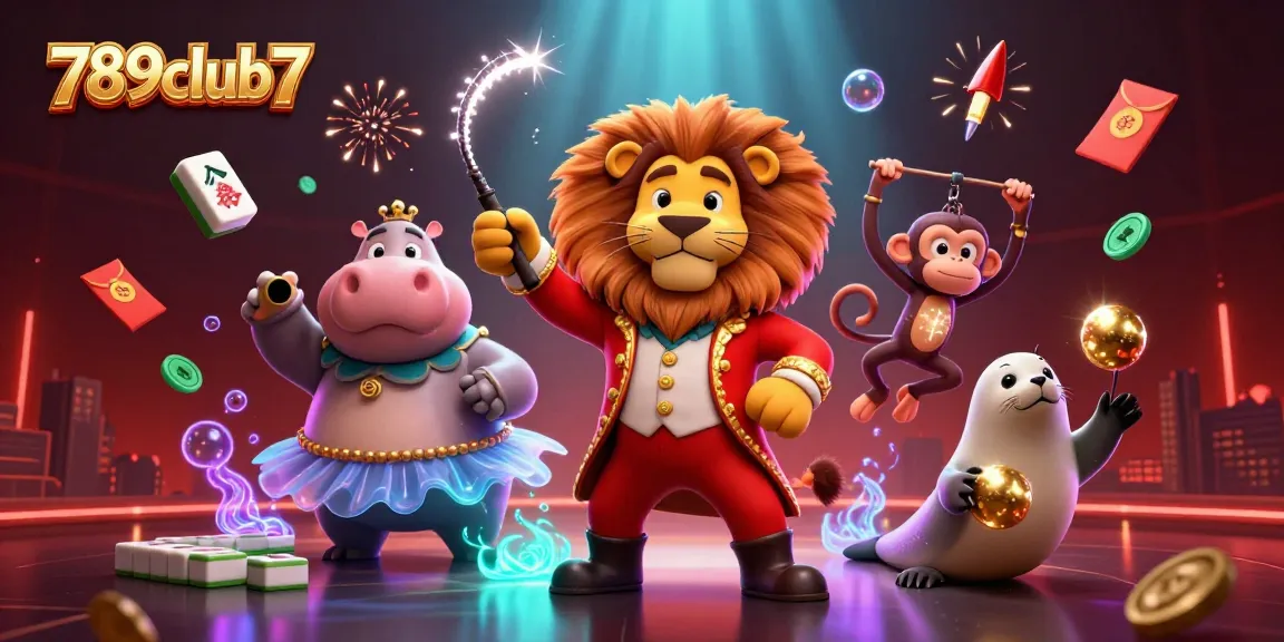Engage in thrilling gameplay at 789club7 with our dynamic circus-themed online casino illustration.