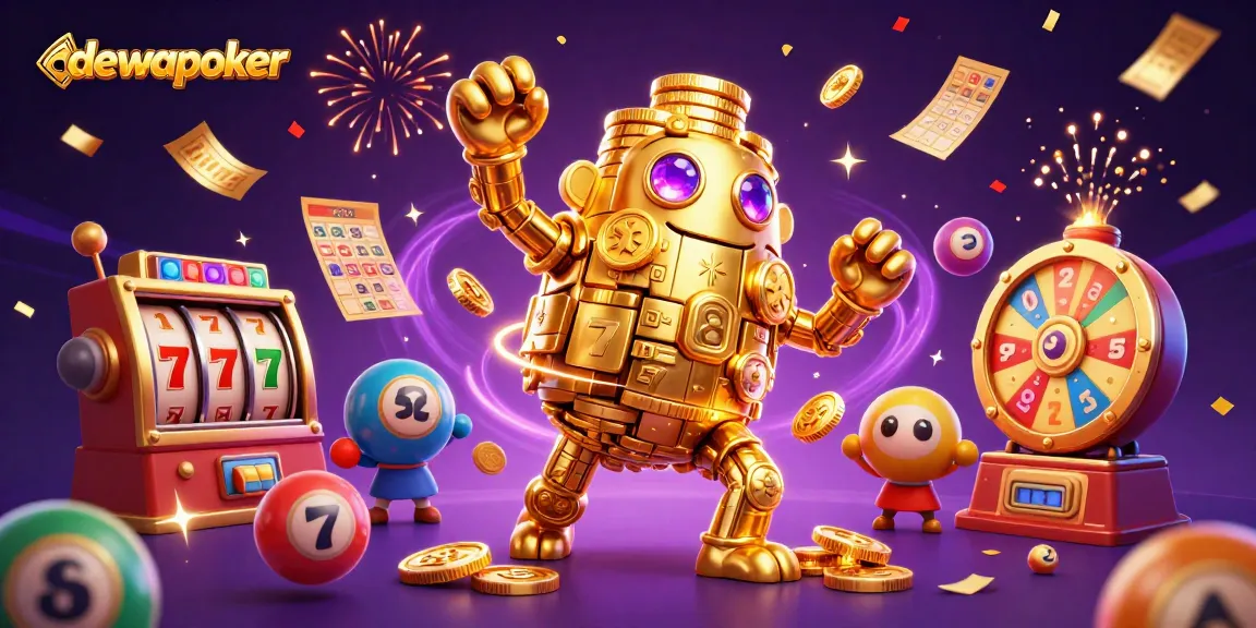 Dewapoker menyajikan permainan slot yang seru dengan simbol keberuntungan dan jackpot dalam ilustrasi menarik ini.