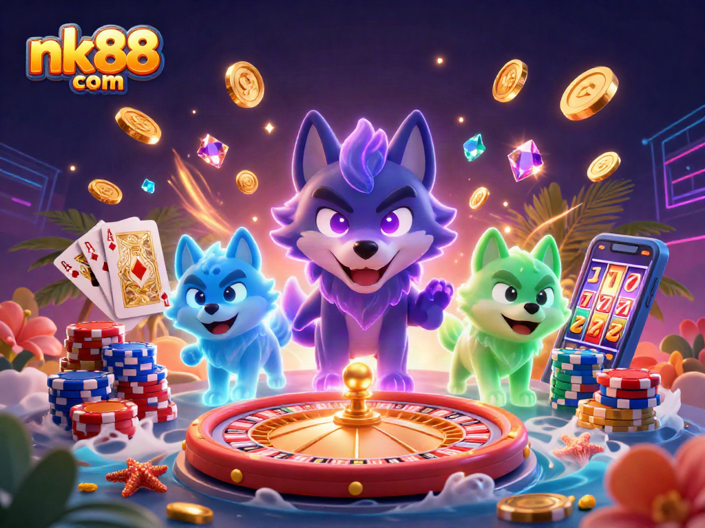 Experience the thrill of nk88 com gaming with a vivid wolf pack leader, casino elements, and lively animations.