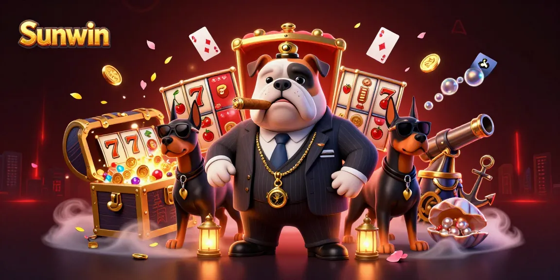 Sunwin showcases a 3D mafia bulldog surrounded by dynamic slot game elements and shimmering treasures.