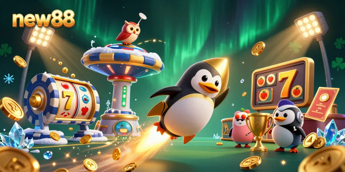 Bet on new88 with golden penguins and dynamic casino elements in an exciting game-themed illustration.