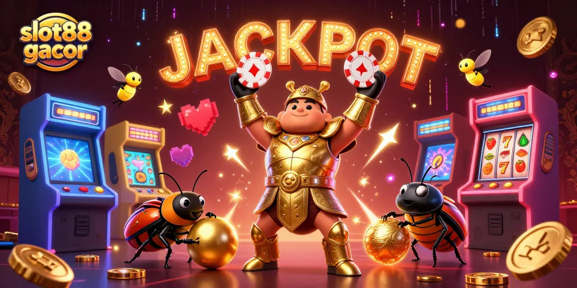 Slot88 gacor menampilkan karakter kumbang bersenjata dengan elemen kasino dan jackpot.
