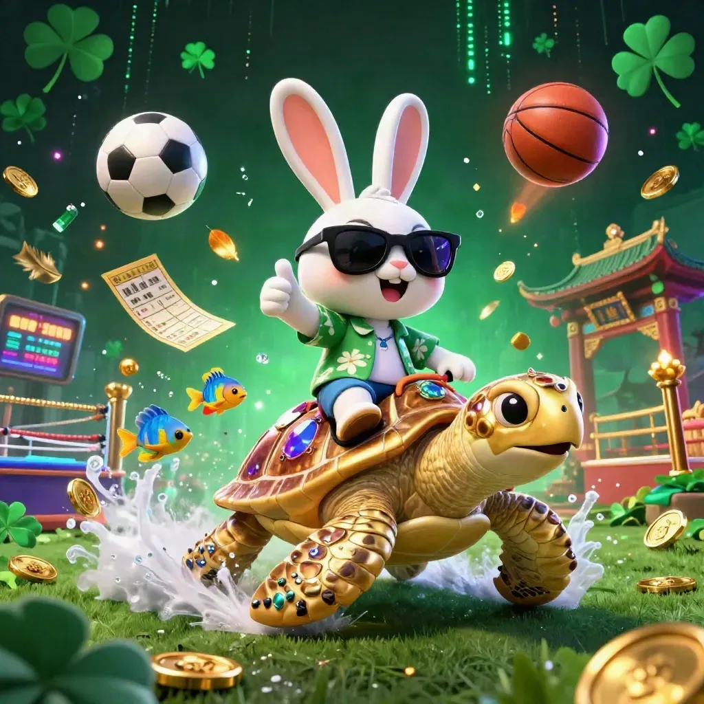 Lucky rabbit on a golden turtle amid sports balls, coins, neon energy, and casino fantasy.