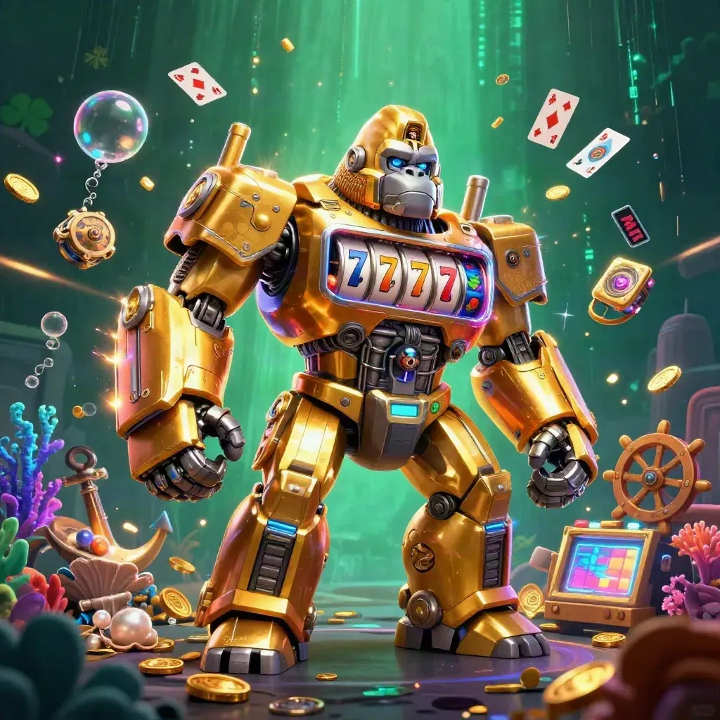 Golden gorilla mech with tiny monkey pilot in a neon underwater treasure cove, bursting with reels, coins, and coral.