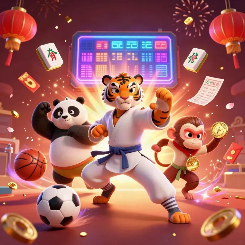 Tiger, panda, and monkey in kung-fu action amid casino gold, lanterns, coins, and fireworks.