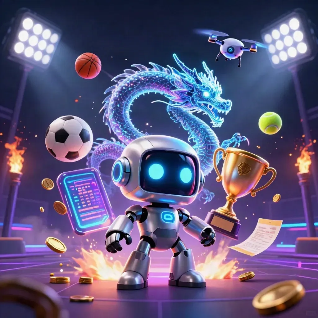 Cyberpunk robot, holographic dragon, and drone amid flying sports balls, trophy, coins, and neon stadium lights.