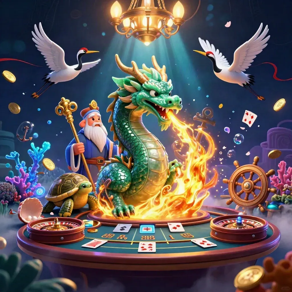 Jade dragon, turtle sage, and cranes amid glowing casino treasure in a neon underwater grotto.