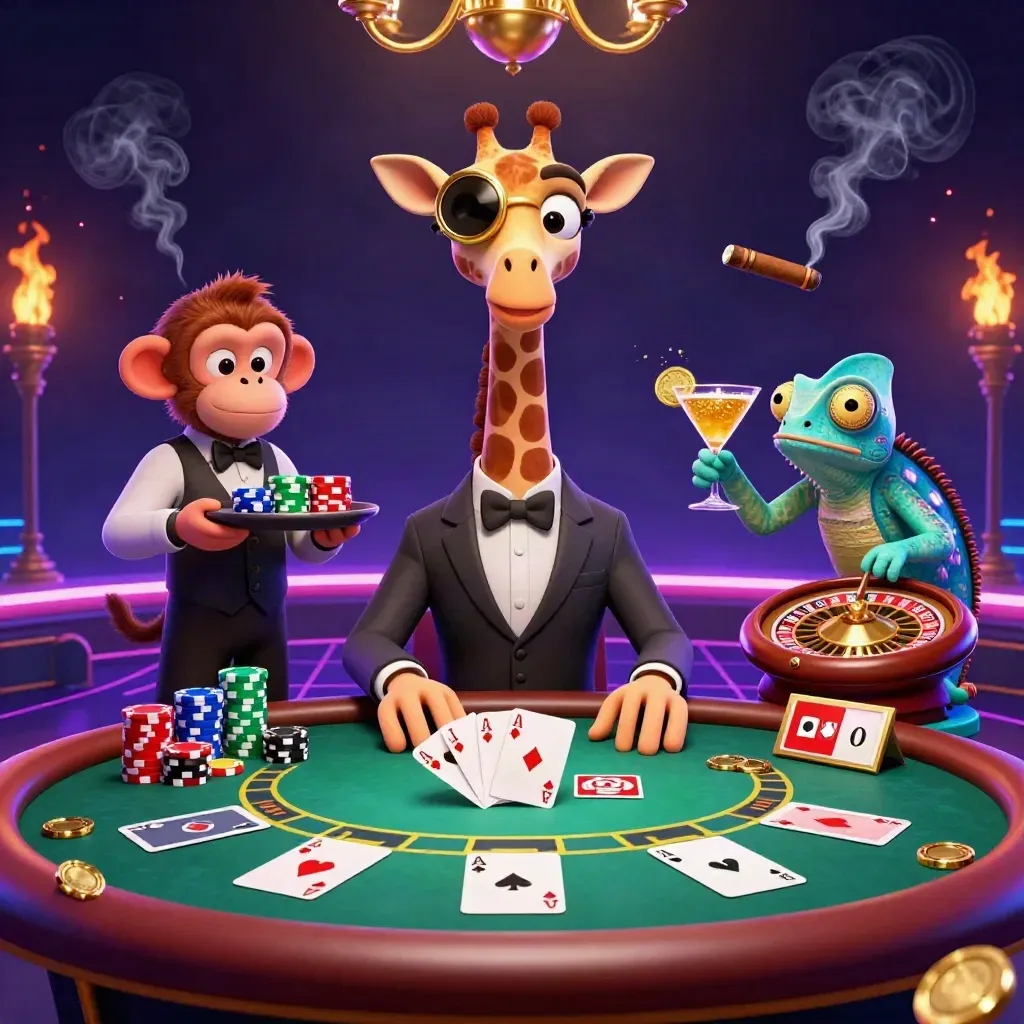 Giraffe, monkey, and chameleon in a neon casino with chips, cards, and roulette