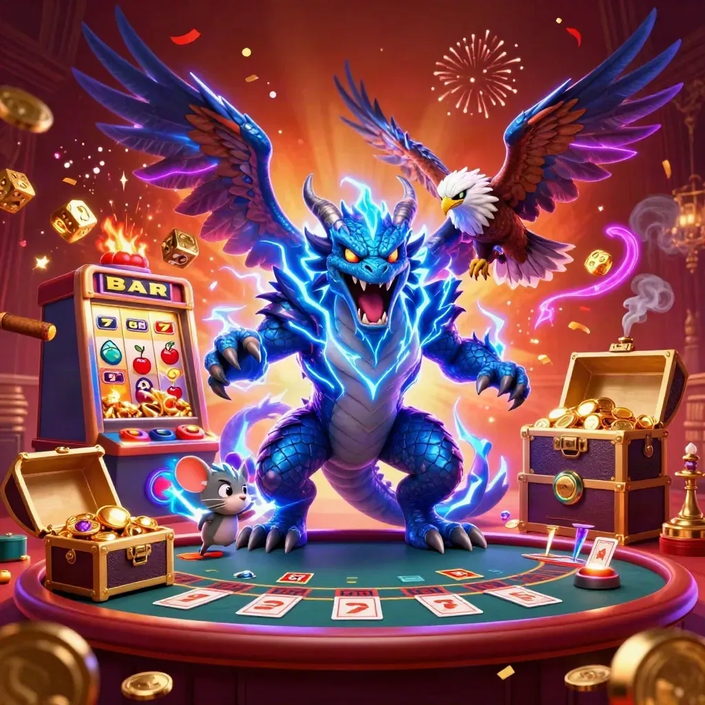 Thunder dragon, wind hawk, and thunder-mouse amid slot bursts in a neon casino chamber.