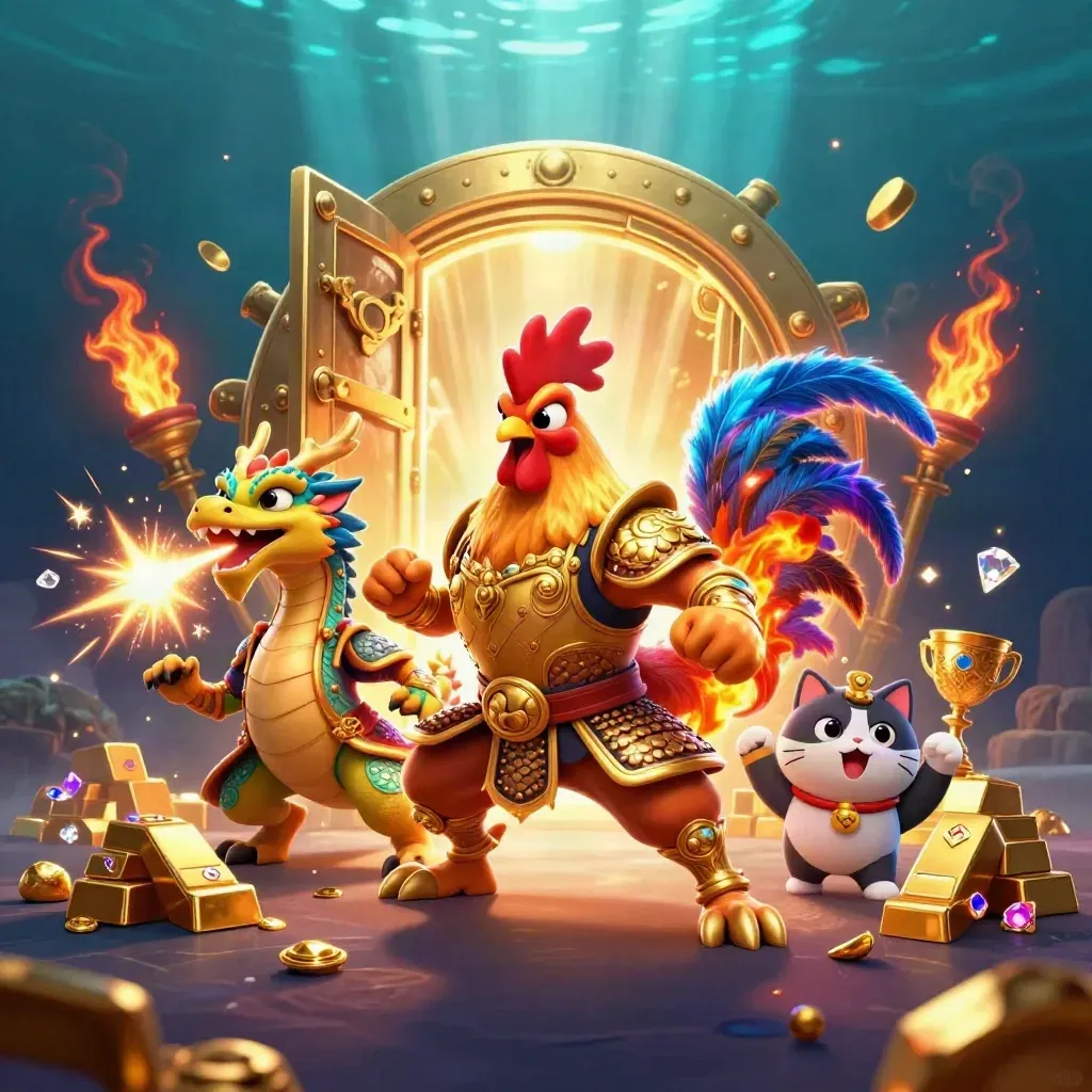 Rooster warrior, dragon hatchling, and fortune-cat burst from a treasure vault in neon casino style.