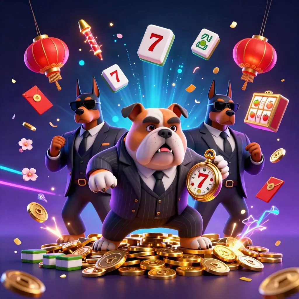 Bulldog mafia boss with two Dobermans amid neon casino chaos, coins, lanterns, reels, and jackpots