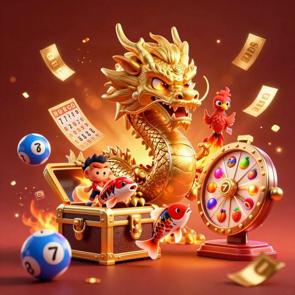 Golden dragon, phoenix, and koi burst from treasure amid casino lights and flying tokens.