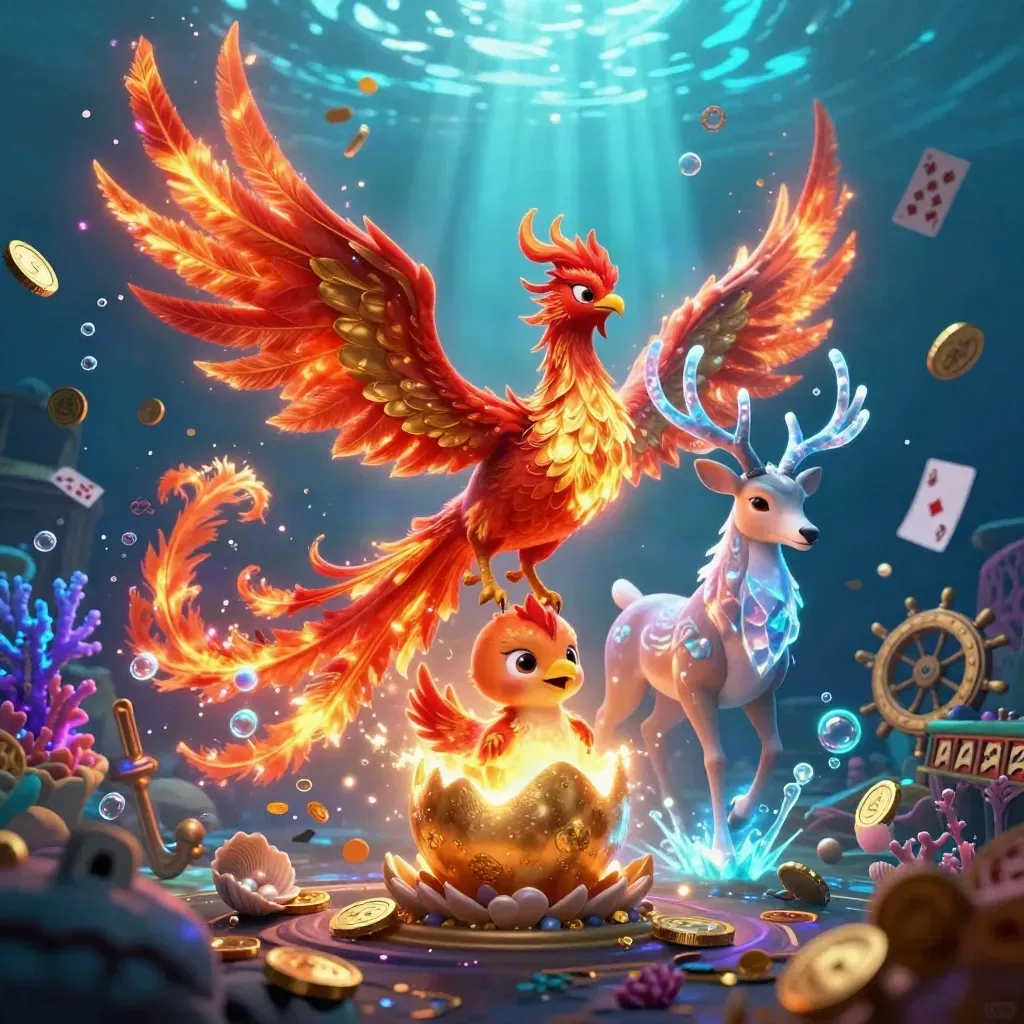 Phoenix trio in a glowing underwater treasure cove with coins, coral, and mystical antlers.