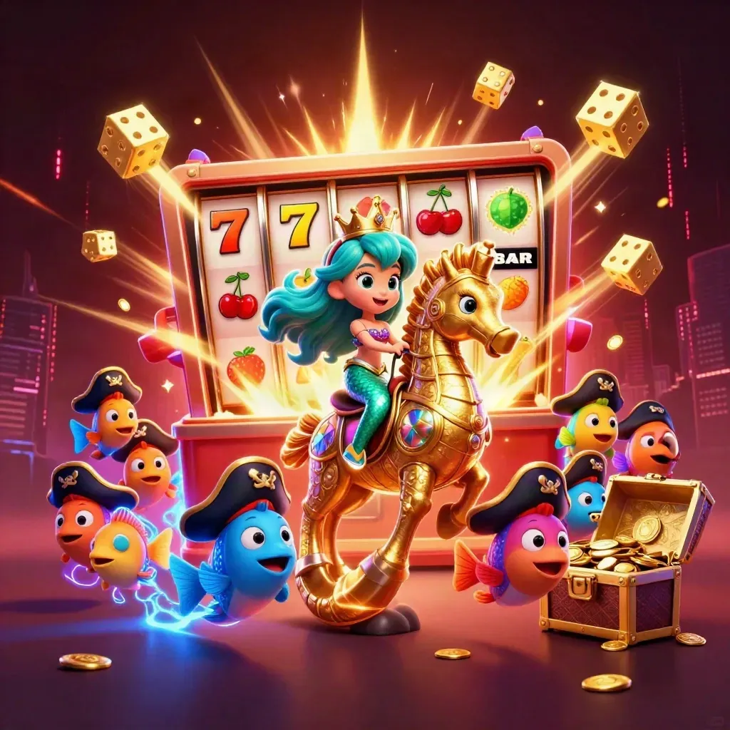 Mermaid princess on armored seahorse amid exploding slot machine, gold, dice, and neon effects.