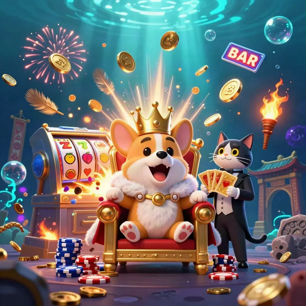 Royal corgi and cat butler amid coins, fireworks, temple gate, and glowing slot reels underwater.