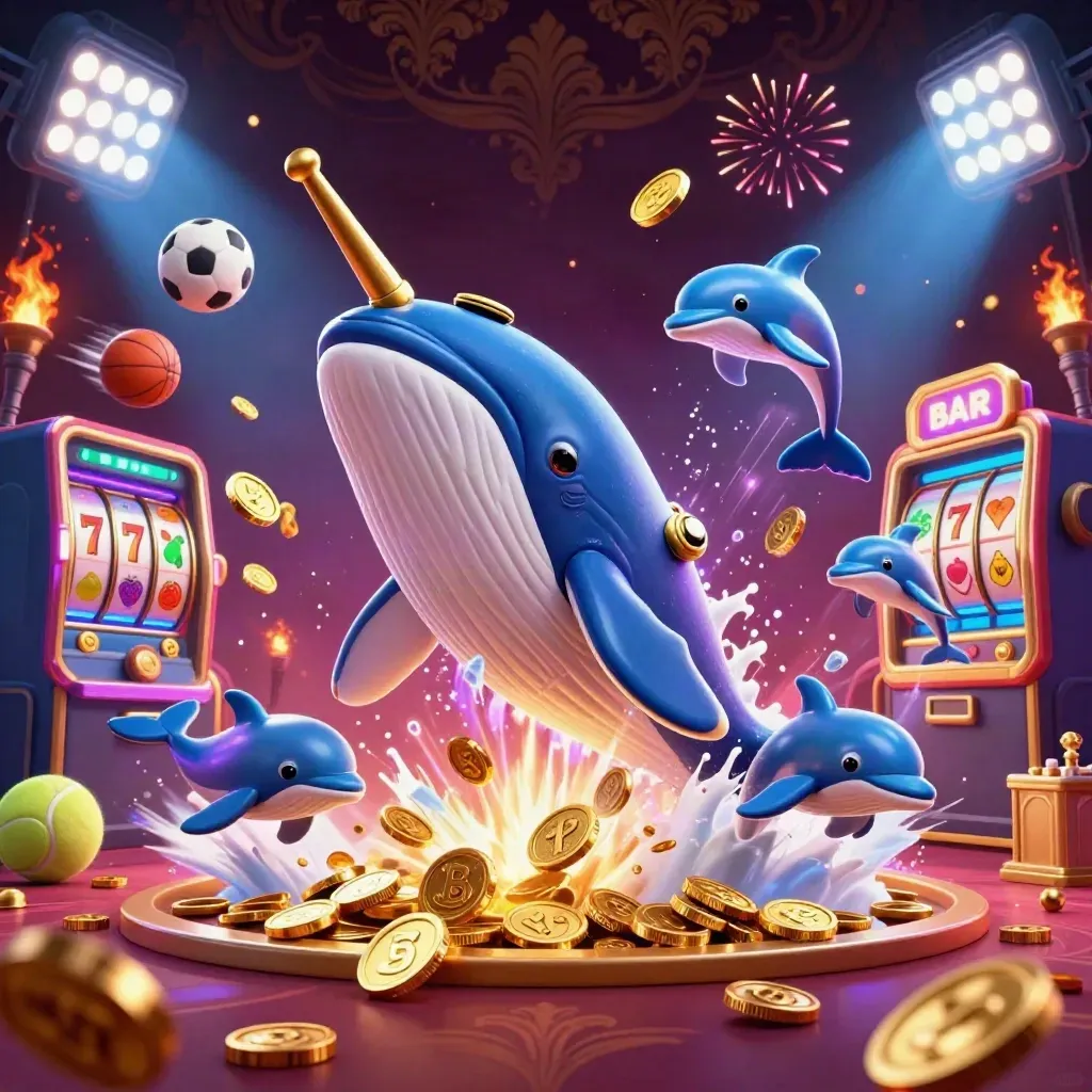Whale captain, narwhal, and dolphins burst through coins with jackpots, reels, and fireworks.