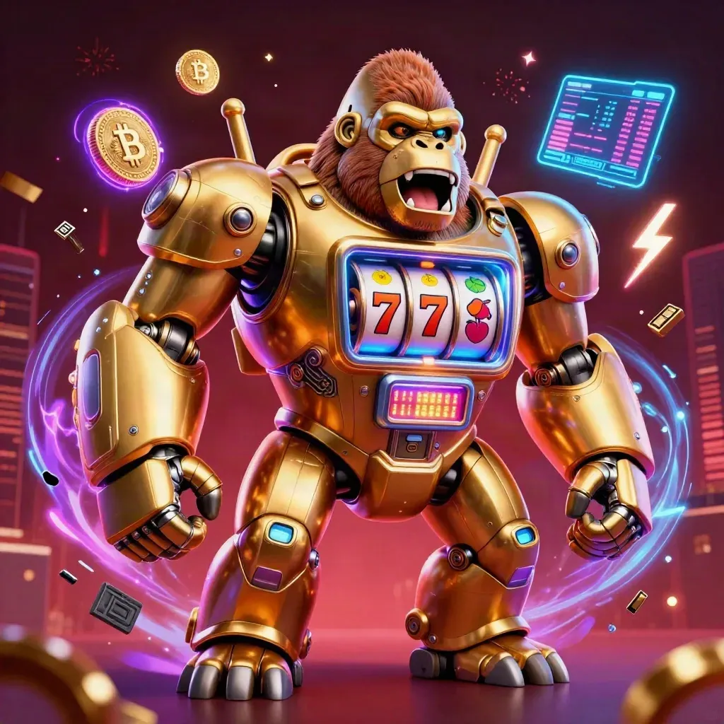 Golden gorilla mech with monkey pilot, slot reels, crypto coins, lightning and confetti in neon casino glow