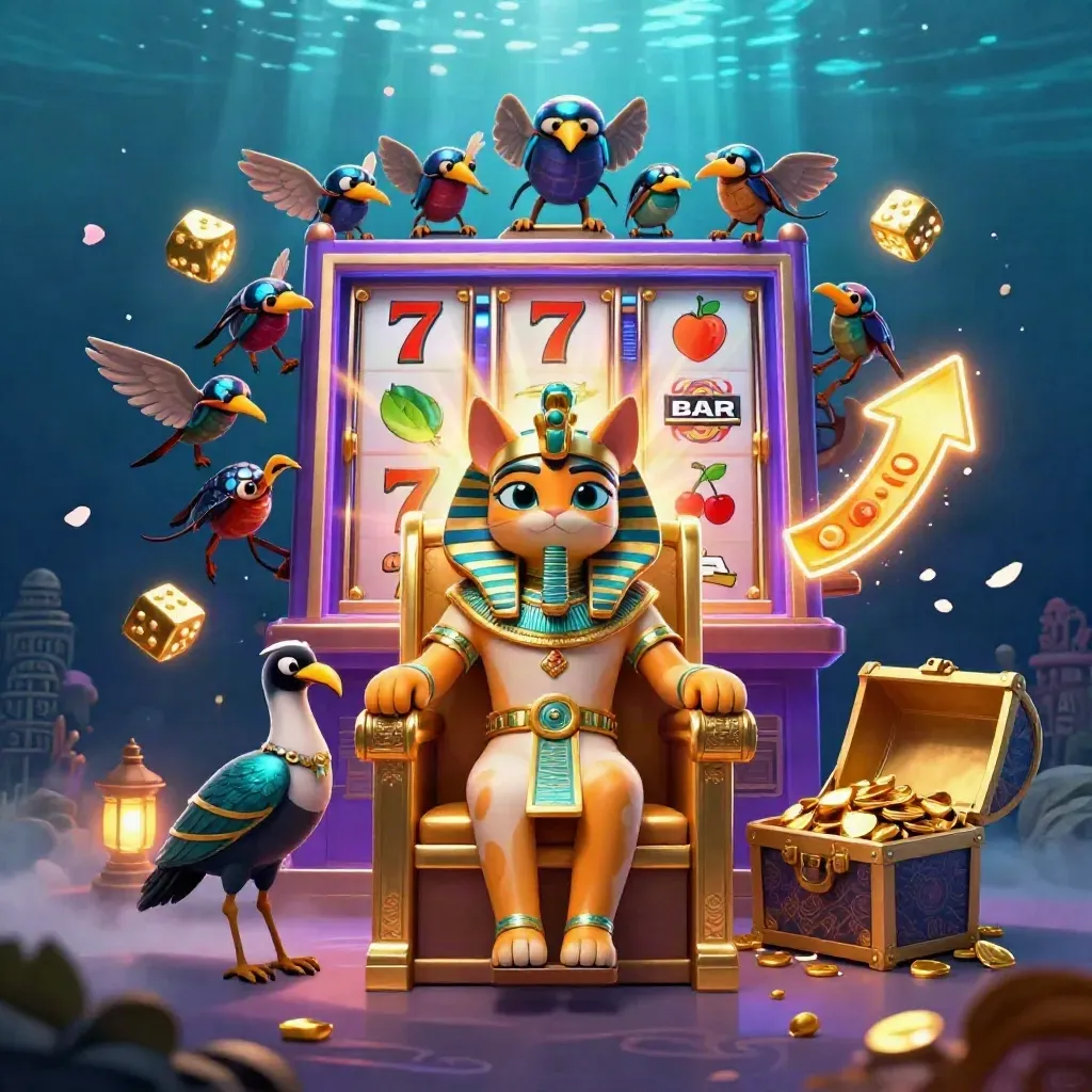 Pharaoh cat on throne with ibis scribe, scarabs, slot burst, gold and neon casino glow.