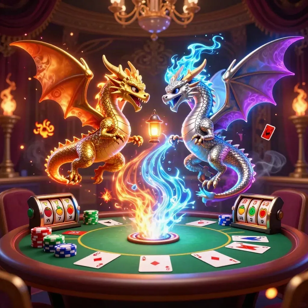 Two dragons in fire-and-ice yin-yang, poker chips, reels, and gold damask casino glow.