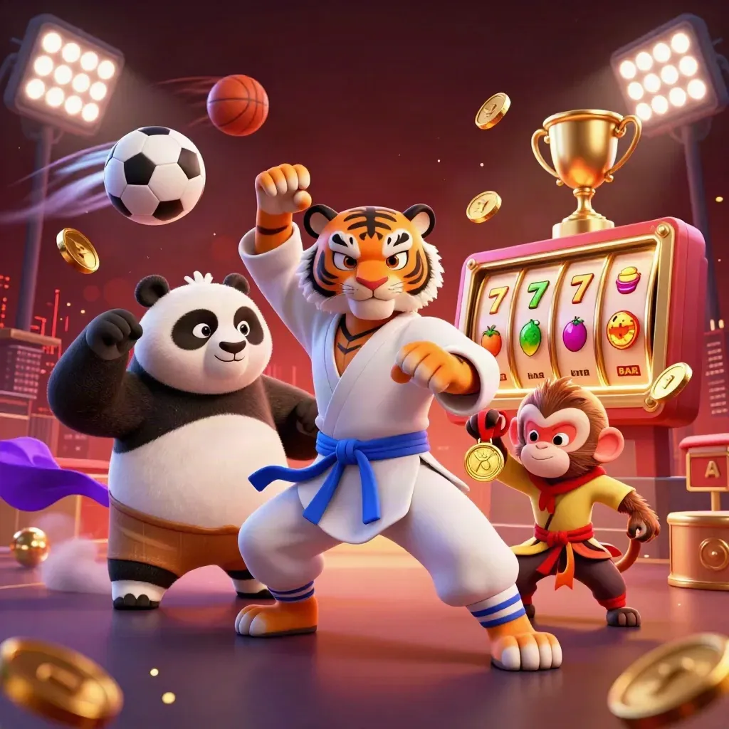 Kung-fu tiger, panda, and monkey amid slot reels, sports balls, coins, trophy, and neon casino effects.