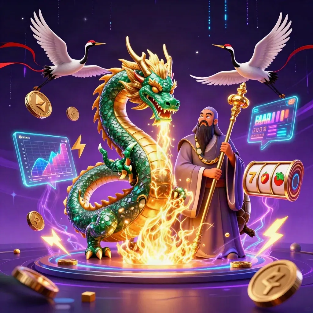 Emerald dragon, turtle sage, and cranes amid neon slots, coins, lightning, and a jackpot glow.