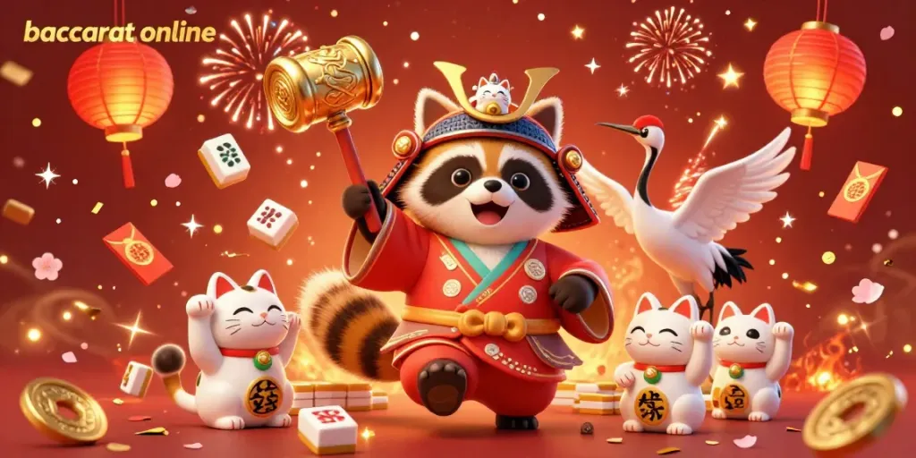 Experience baccarat online with this vibrant, festive illustration showcasing a cheerful tanuki and samurai crane, surrounded by lucky charms.