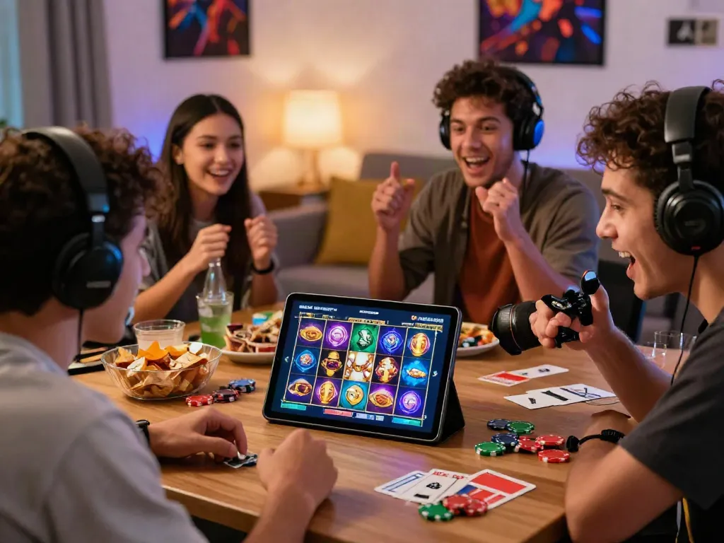 Social gamers enjoying a slot online game together in a lively living room.