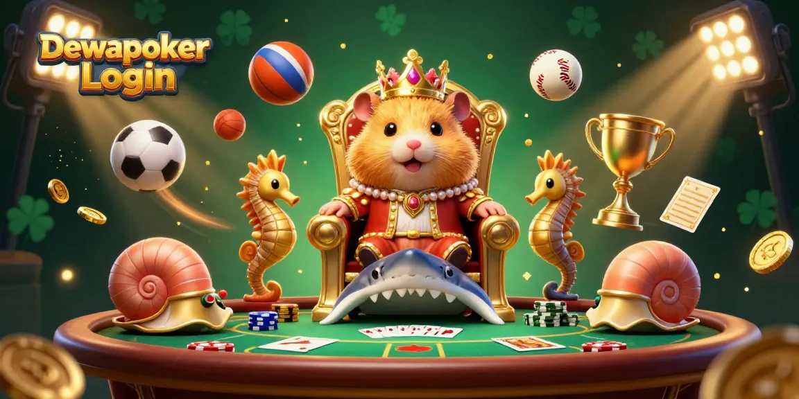 Dewapoker Login showcases a thrilling scene with a golden hamster king and interactive poker elements.
