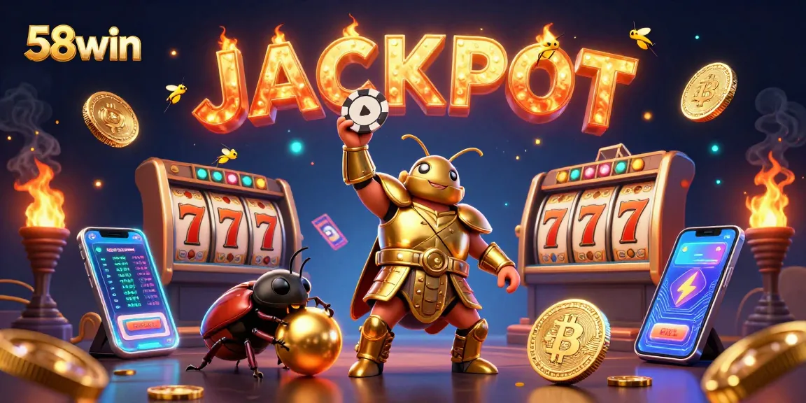 Engage in the vibrant gaming world with 58win, featuring a victorious beetle and jackpot visuals.