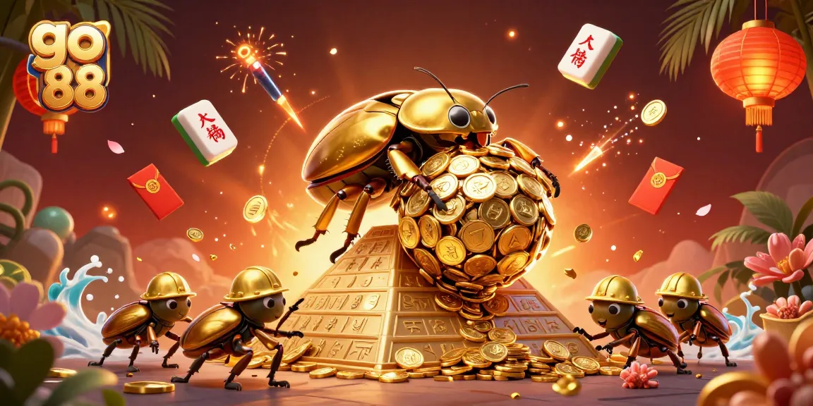 Experience the excitement of go 88 with a vibrant, 3D digital casino scene featuring golden elements and festive decor.