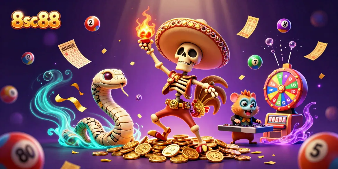 Win big at 8sc88 with a vibrant scene showcasing a mariachi rooster, mummy snake, and zombie DJ amidst colorful gambling elements.