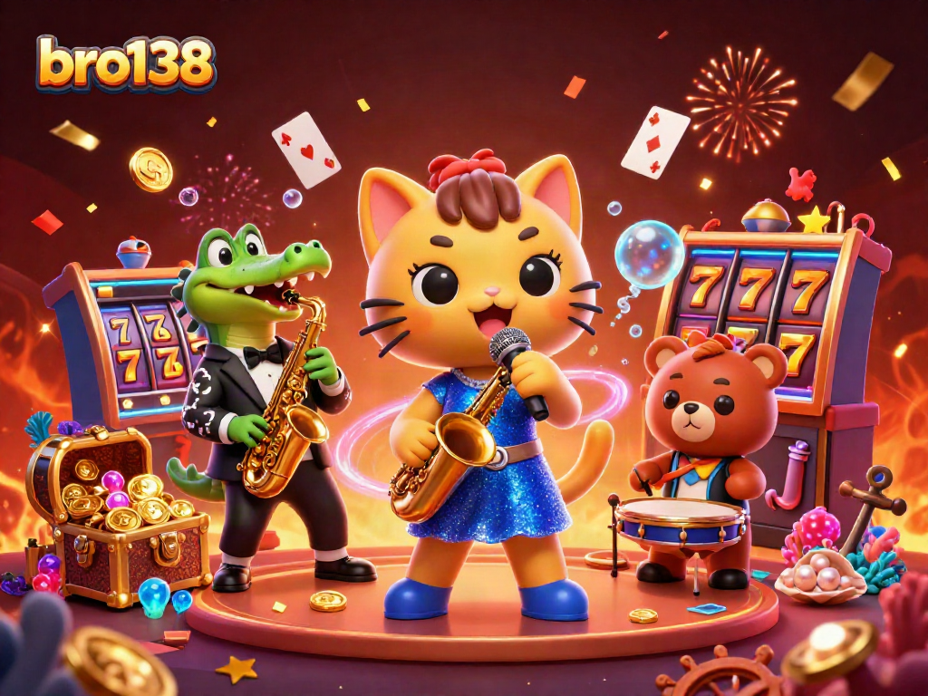 Engage with bro138's vibrant casino scene featuring a jazz-singer cat and a crocodile with gold coins and slots.