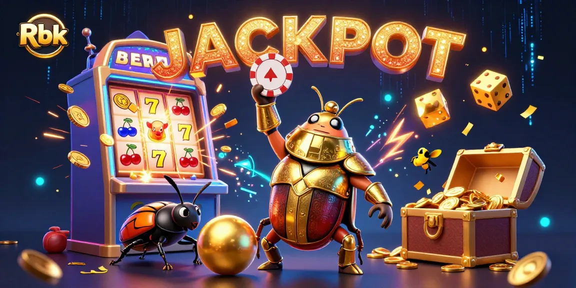 Rbk celebrates with a 3D hercules beetle and golden poker chip amidst a jackpot explosion.