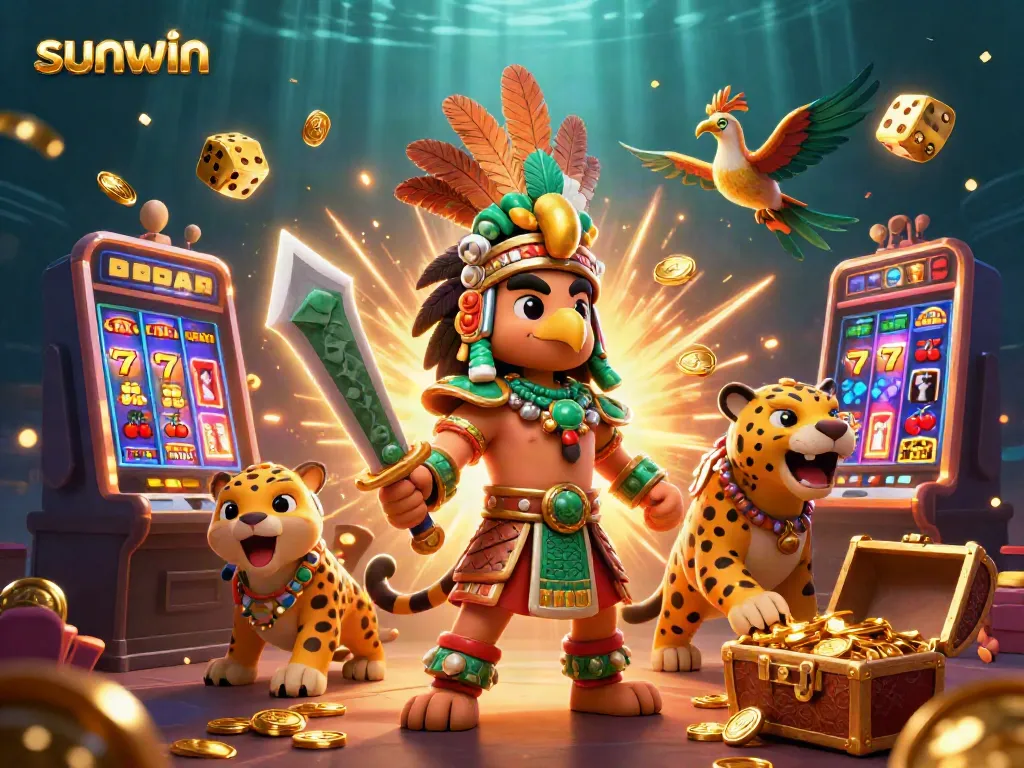 Engage with sunwin's vibrant casino world, featuring winning characters amidst jackpot explosions and dynamic game elements.
