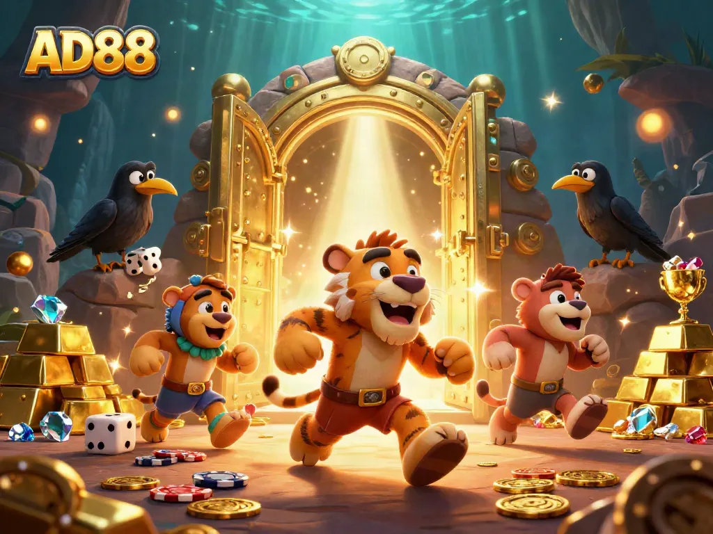 AD88 caveman duo and sabertooth tiger celebrate wins in a vibrant casino scene.
