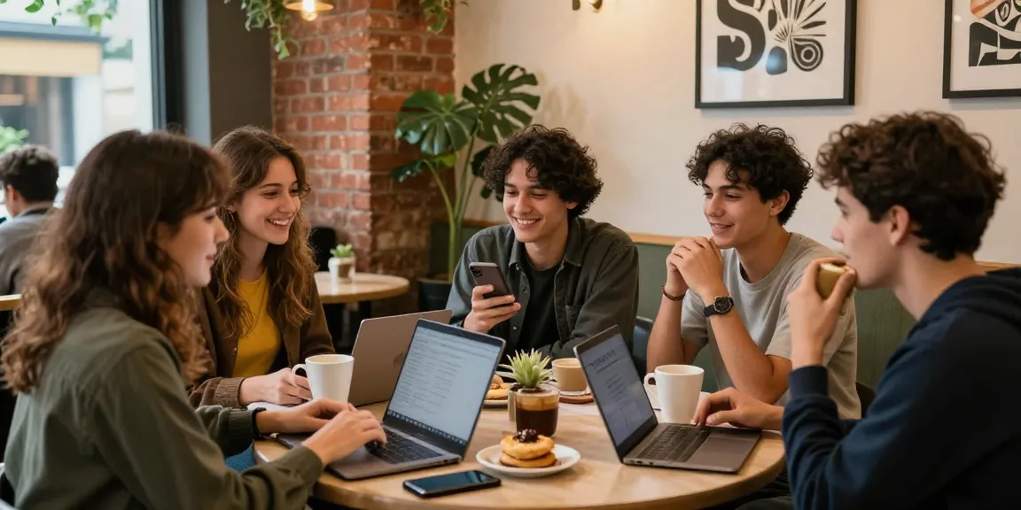 Young adults in cozy café discussing crush on romantic interests with coffee and pastries.