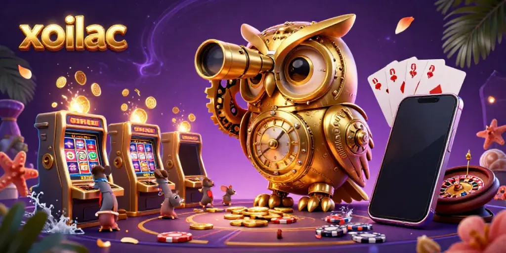 Experience the thrills of xoilac casino action with a golden owl watching over a vibrant gaming scene.