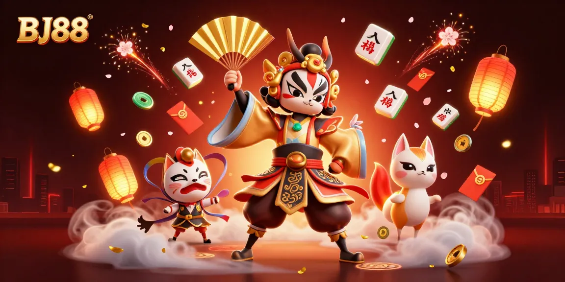 BJ88 showcases a vibrant 3D scene with a kabuki character, lucky symbols, and cherry blossoms, ideal for online gaming.