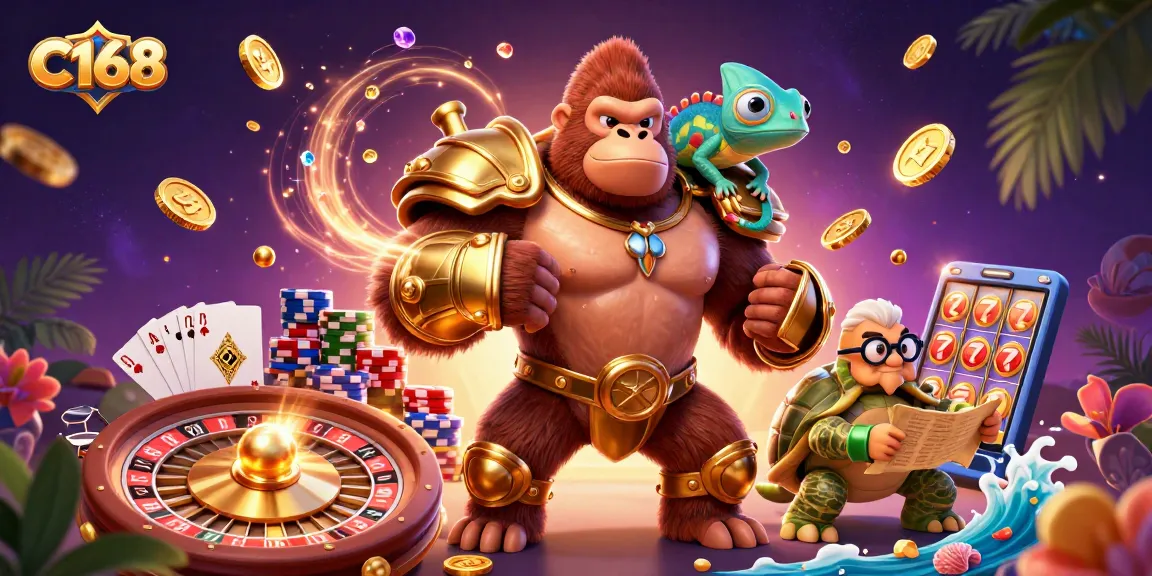 C168 showcases exhilarating gameplay with a casino gorilla king, vibrant coins and roulette.