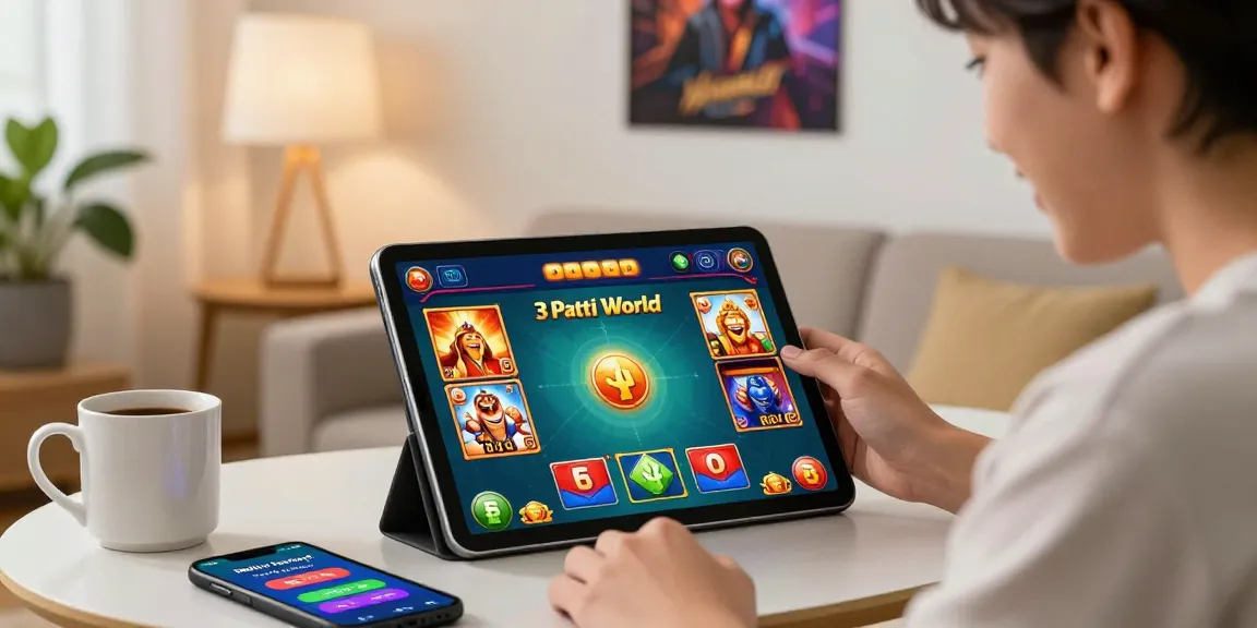 User enjoying 3pattiworldapp.com.pk on tablet in a cozy living room, immersed in colorful Teen Patti gameplay.