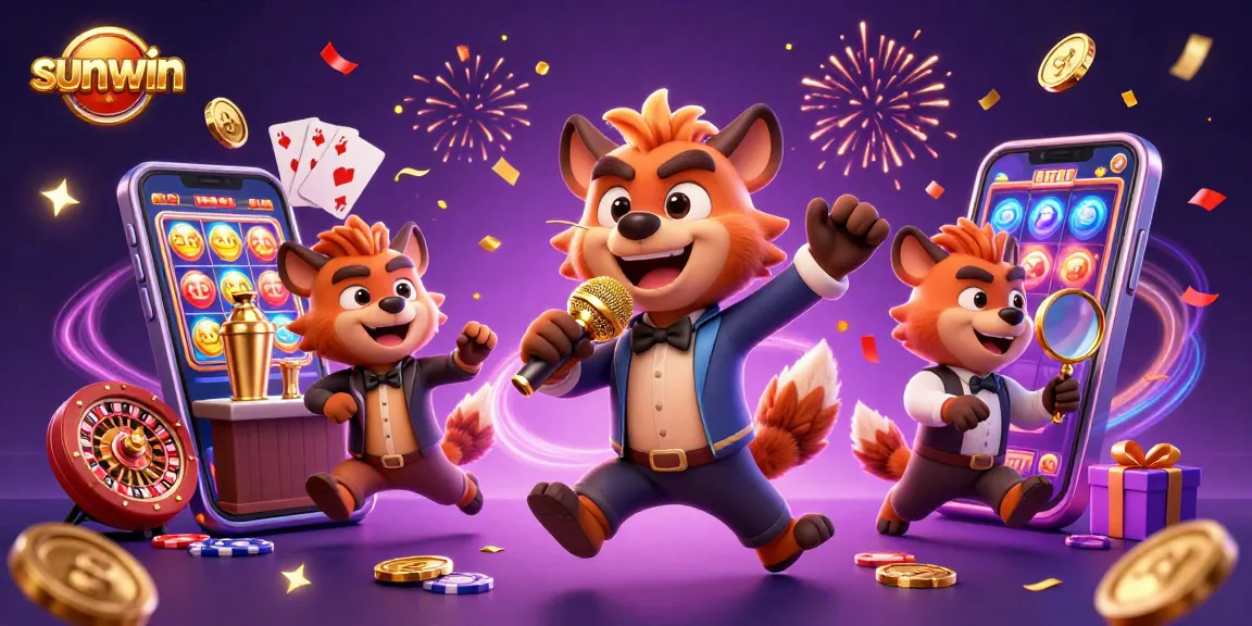 Sunwin's vibrant casino scene with hyenas running a comedy club, featuring lively gaming elements.