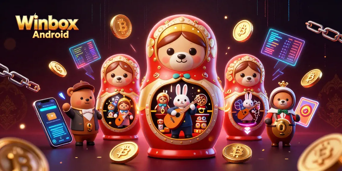 Winbox Android app illustration showcasing fun and vibrant casino elements for easy mobile access.