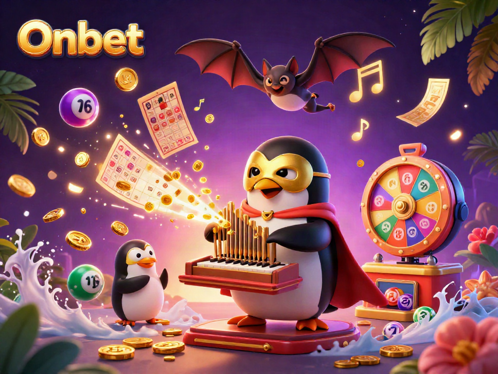 Engage with Onbet's vibrant casino experience featuring a penguin organist, bat acrobat, and colorful lottery elements.